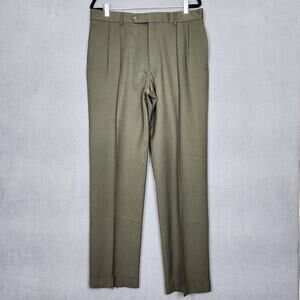 Jos A Bank Pants Mens Olive Green Dress Trousers Pleated Front Cuffed Hem 34X33